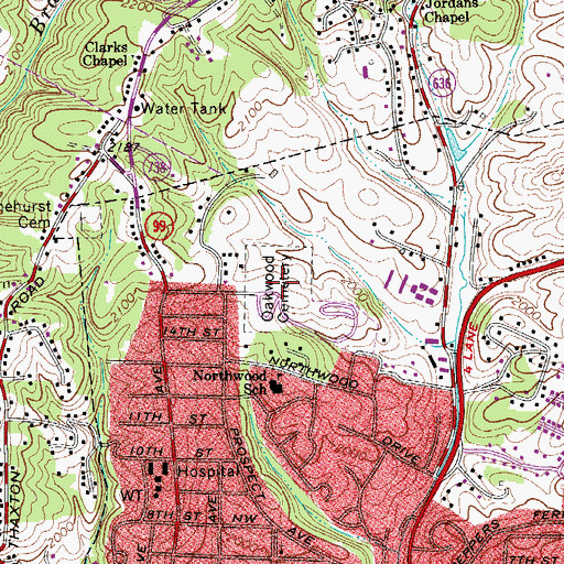 Topographic Map of Oakwood Cemetery, VA