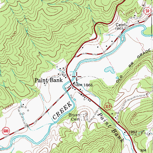 Topographic Map of Paint Bank Branch, VA