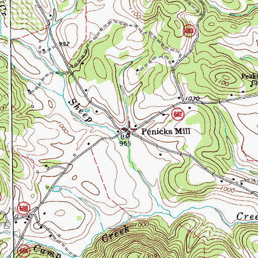 Topographic Map of Penicks Mill, VA