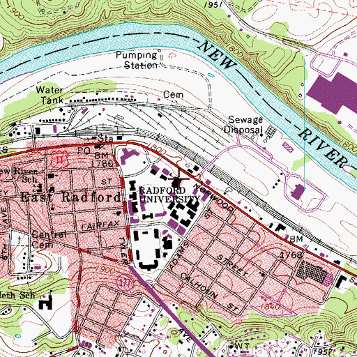 Topographic Map of Radford University, VA