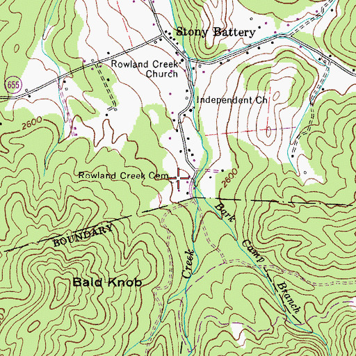 Topographic Map of Rowland Creek Cemetery, VA