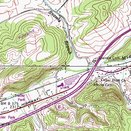 Topographic Map of Snavely Branch, VA