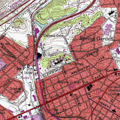 Topographic Map of Sullins College (historical), VA