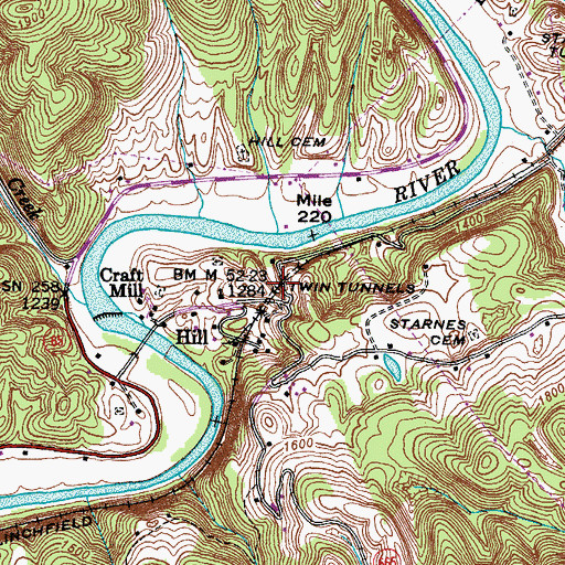 Topographic Map of Twin Tunnels, VA