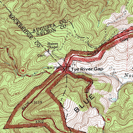Topographic Map of Tye River Gap, VA