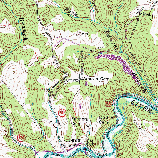 Topographic Map of Vanover Cemetery, VA