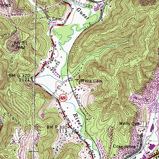 Topographic Map of Wells Cemetery, VA