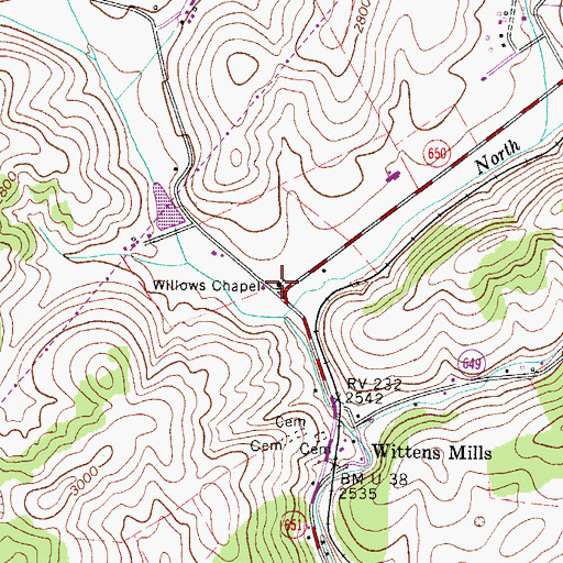 Topographic Map of Willows Chapel, VA