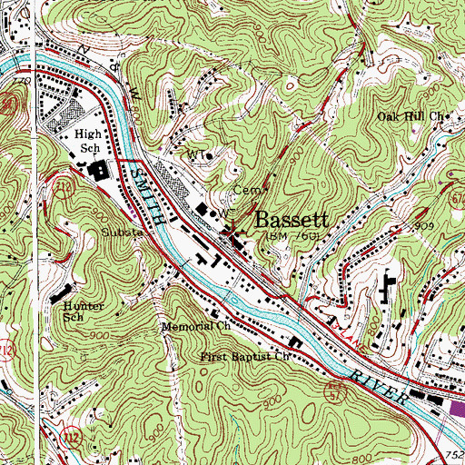 Topographic Map of Bassett, VA