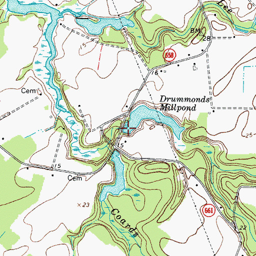 Topographic Map of Drummonds Millpond Dam, VA