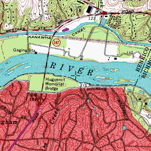 Topographic Map of Bosher Dam, VA