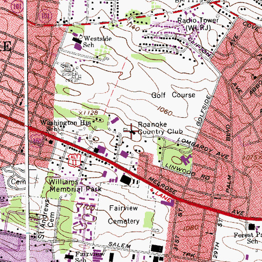 Topographic Map of Roanoke Country Club, VA