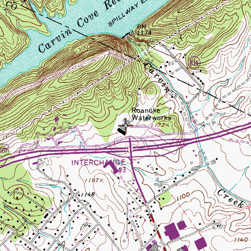 Topographic Map of Roanoke Waterworks, VA