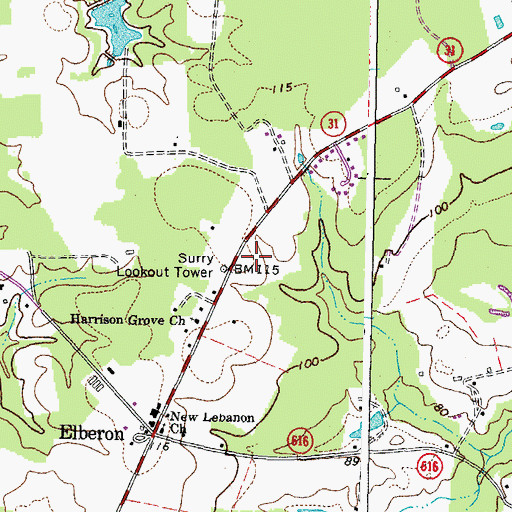 Topographic Map of Surry Lookout Tower, VA