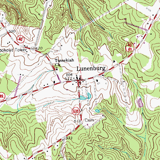 Topographic Map of Lunenburg Courthouse Historic District, VA