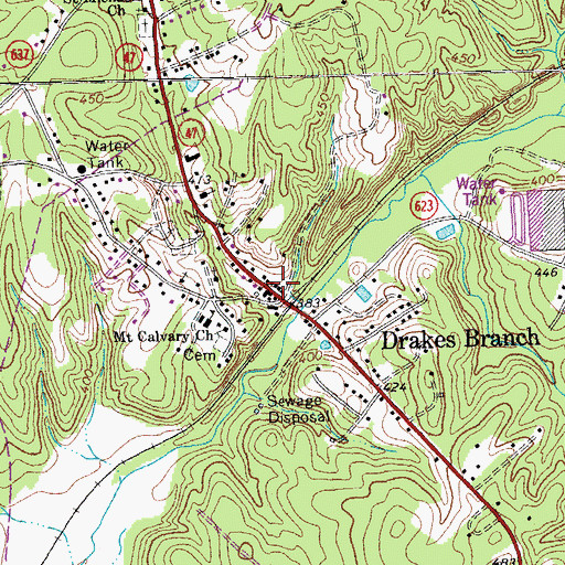 Topographic Map of Drakes Branch Post Office, VA