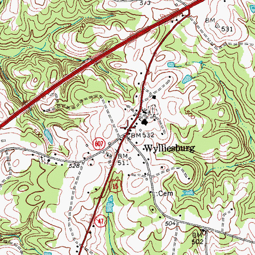 Topographic Map of Wylliesburg Post Office, VA