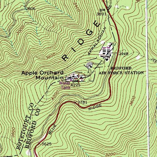 Topographic Map of Apple Orchard Mountain, VA