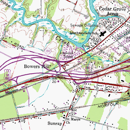 Topographic Map of Bowers Hill, VA