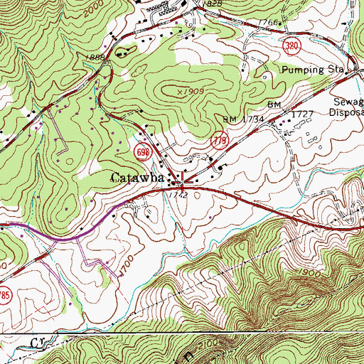 Topographic Map of Catawba, VA