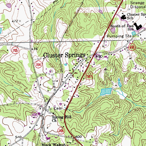 Topographic Map of Cluster Springs, VA
