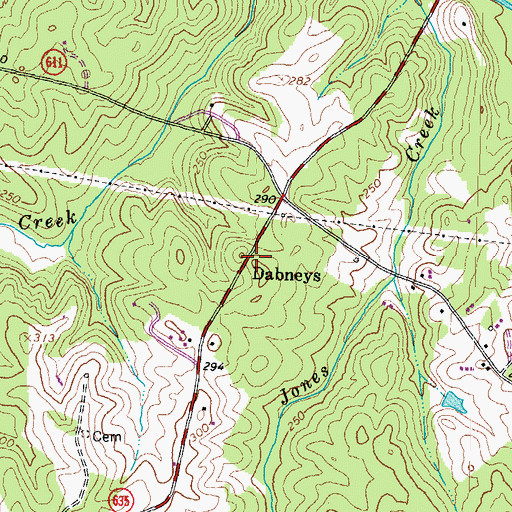 Topographic Map of Dabneys, VA