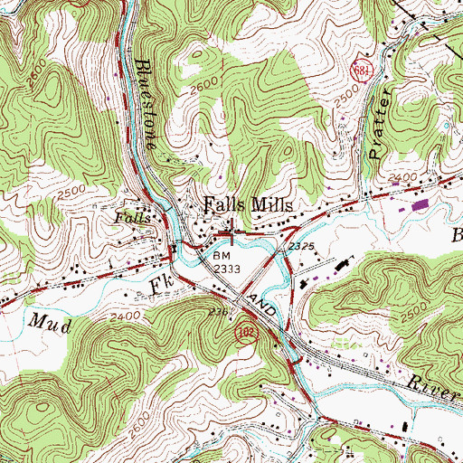 Topographic Map of Falls Mills, VA