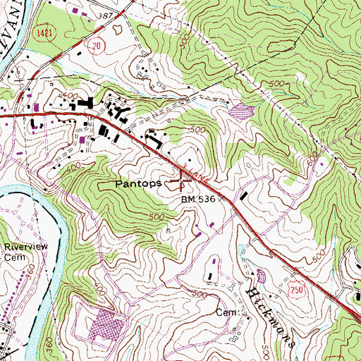 Topographic Map of Pantops, VA