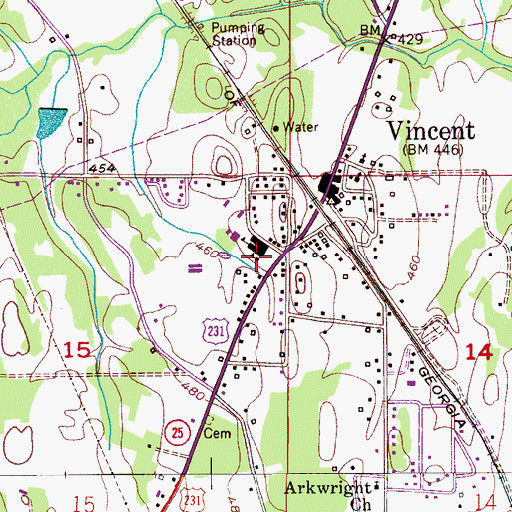 Topographic Map of Vincent Middle School, AL