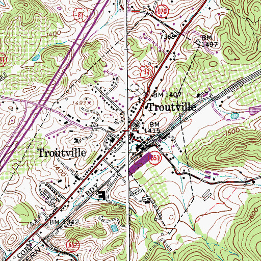 Topographic Map of Troutville, VA
