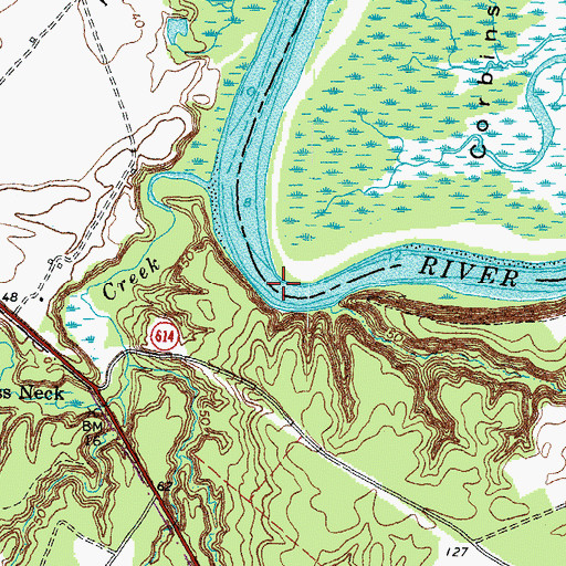 Topographic Map of Devils Woodyard Turn, VA