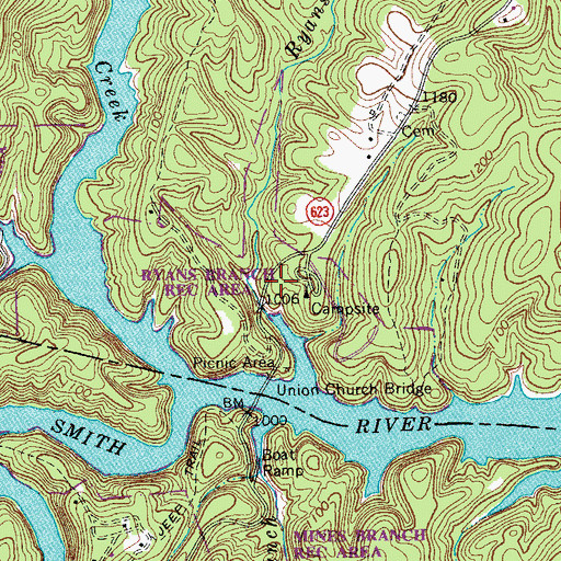 Topographic Map of Ryans Branch Recreation Area, VA