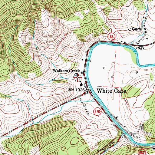 Topographic Map of Walkers Creek Cemetery, VA