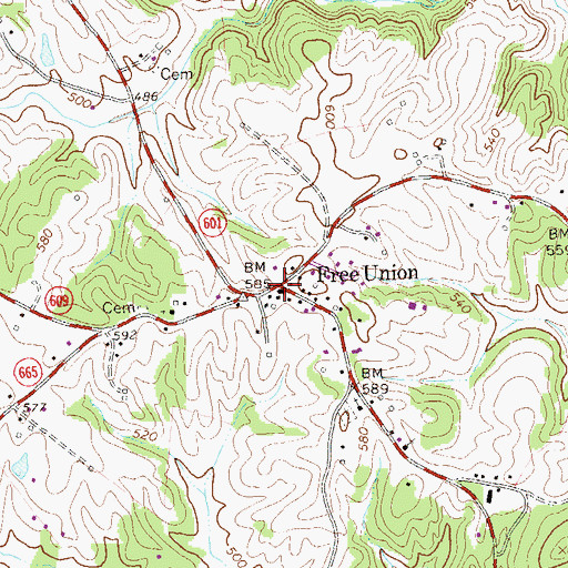Topographic Map of Free Union, VA