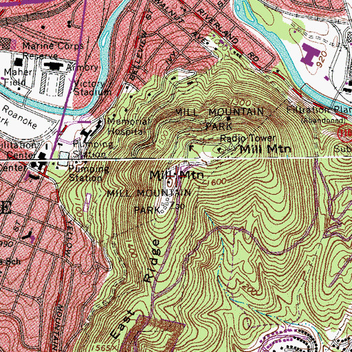 Topographic Map of Mill Mountain, VA