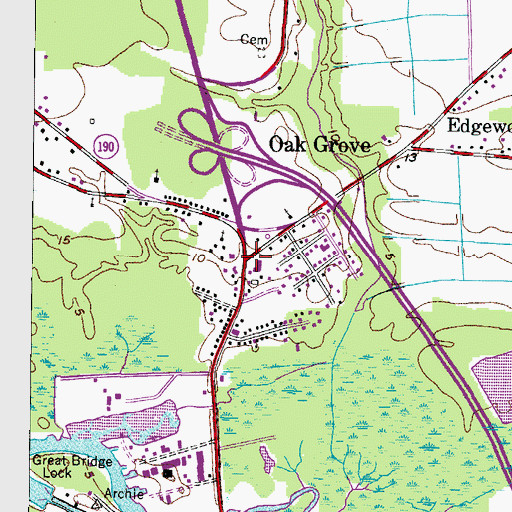 Topographic Map of Oak Grove, VA