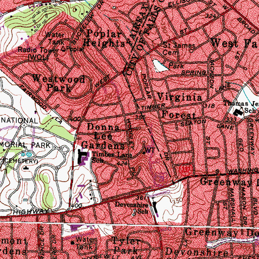 Topographic Map of Donna Lee Gardens, VA