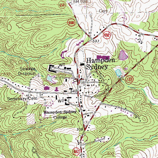 Topographic Map of Hampden Sydney, VA