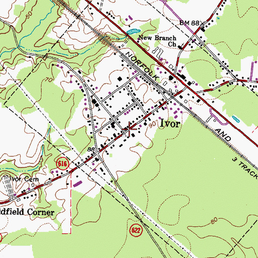 Topographic Map of Ivor, VA