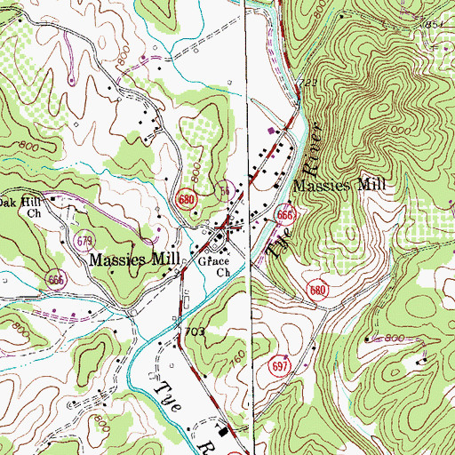 Topographic Map of Massies Mill, VA