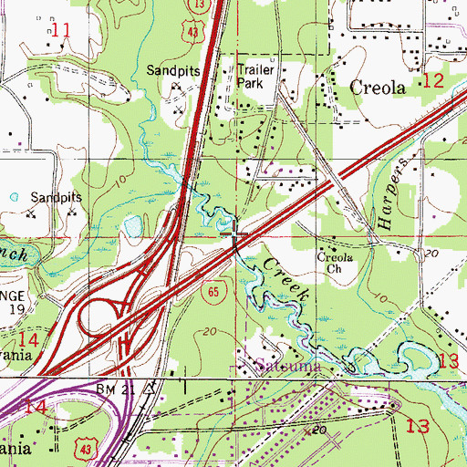 Topographic Map of Malones Bridge (historical), AL