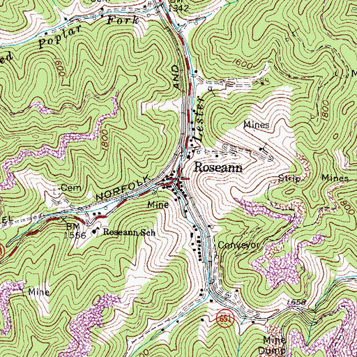 Topographic Map of Roseann, VA