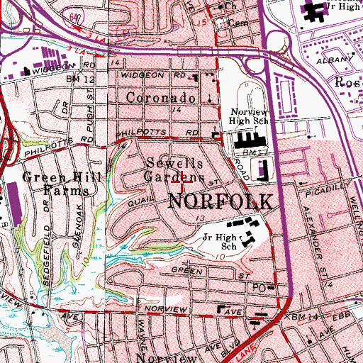 Topographic Map of Sewells Gardens, VA