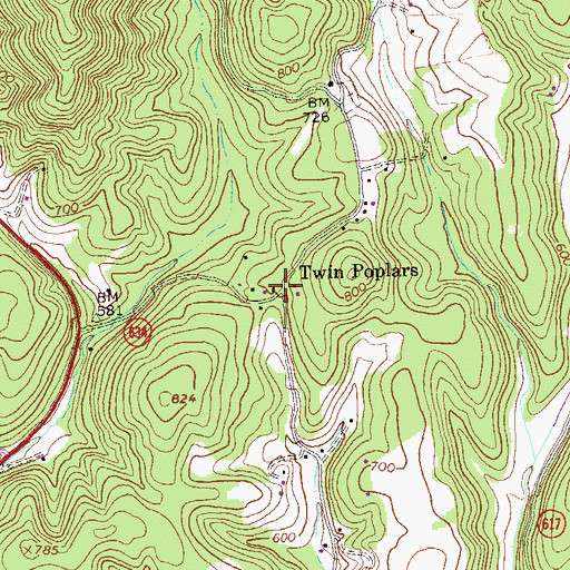 Topographic Map of Twin Poplars, VA