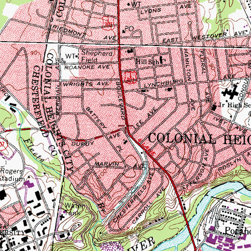 Topographic Map of Colonial Heights, VA