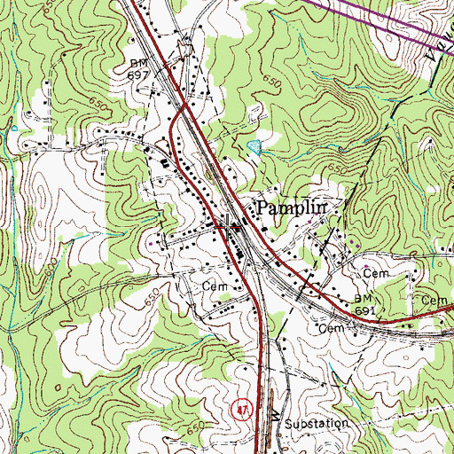 Topographic Map of Pamplin, VA