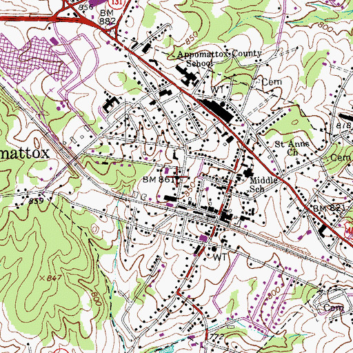 Topographic Map of Appomattox County Courthouse, VA