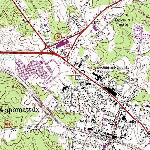 Topographic Map of Appomattox Post Office, VA