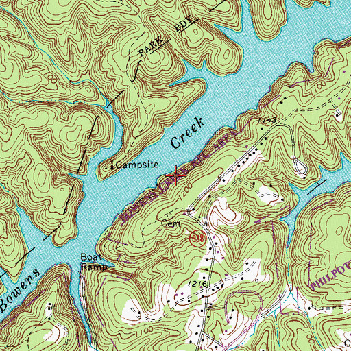 Topographic Map of Bowens Creek Recreation Area, VA
