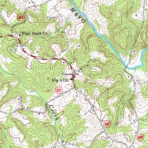 Topographic Map of Big A Cemetery, VA